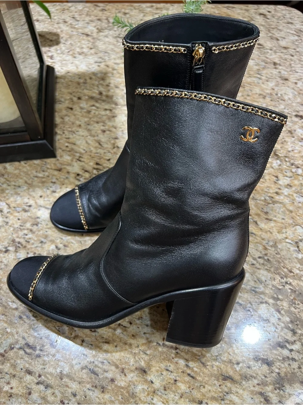CHANEL Lambskin Grosgrain Cap Toe Gold Chain Short Boots Black 39
